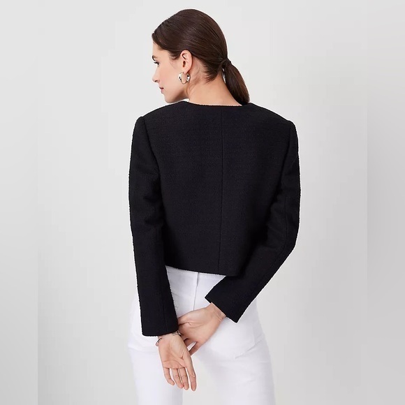 Ann Taylor Petite Black Tweed Cotton Cropped Crew Neck Blazer Suit Jacket - Picture 4 of 12